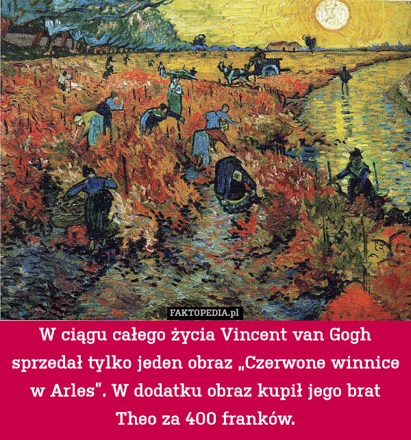 W ciągu całego życia Vincent van Gogh sprzedał tylko jeden obraz „Czerwone winnice w Arles”. W dodatku obraz kupił jego brat Theo za 400 franków. 