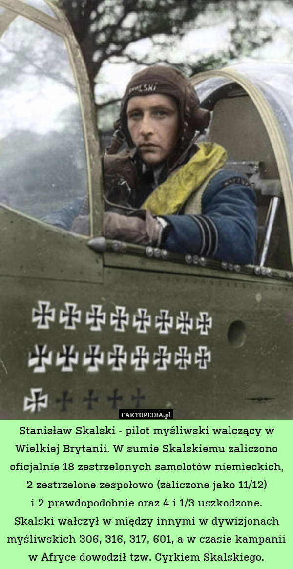 Stanisław Skalski - pilot myśliwski walczący w Wielkiej Brytanii. W sumie Skalskiemu zaliczono oficjalnie 18 zestrzelonych samolotów niemieckich, 2 zestrzelone zespołowo (zaliczone jako 11/12)
i 2 prawdopodobnie oraz 4 i 1/3 uszkodzone.
Skalski wałczył w między innymi w dywizjonach myśliwskich 306, 316, 317, 601, a w czasie kampanii w Afryce dowodził tzw. Cyrkiem Skalskiego. 