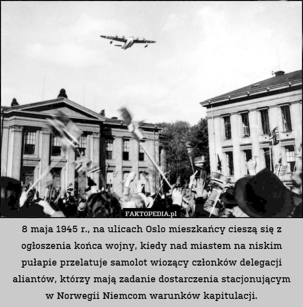 8 maja 1945 r., na ulicach Oslo mieszkańcy cieszą się z ogłoszenia końca wojny, kiedy nad miastem na niskim pułapie przelatuje samolot wiozący członków delegacji aliantów, którzy mają zadanie dostarczenia stacjonującym
w Norwegii Niemcom warunków kapitulacji. 