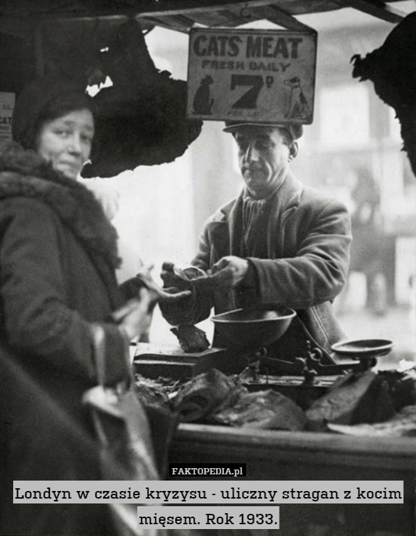 Londyn w czasie kryzysu - uliczny stragan z kocim mięsem. Rok 1933. 