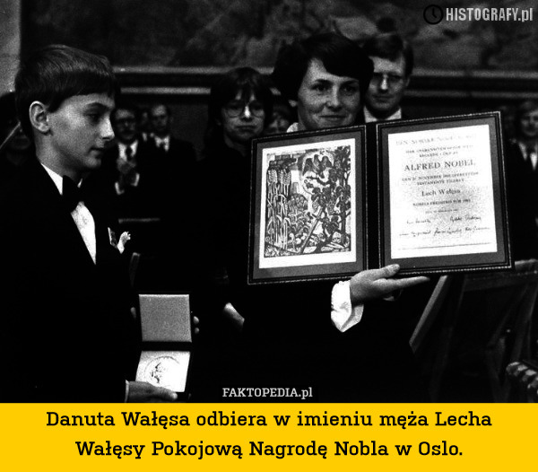 Danuta Wałęsa odbiera w imieniu męża Lecha Wałęsy Pokojową Nagrodę Nobla w Oslo. 