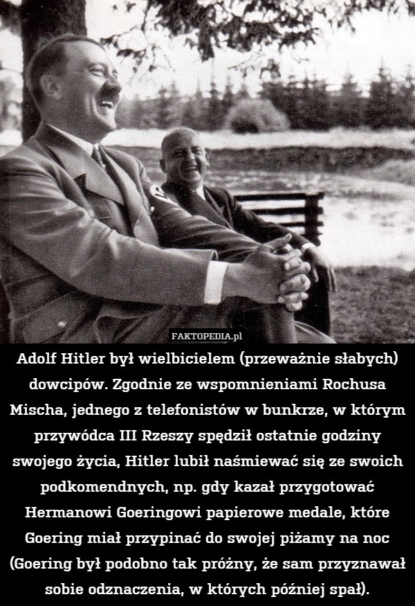 Adolf Hitler był wielbicielem (przeważnie słabych) dowcipów. Zgodnie ze wspomnieniami Rochusa Mischa, jednego z telefonistów w bunkrze, w którym przywódca III Rzeszy spędził ostatnie godziny swojego życia, Hitler lubił naśmiewać się ze swoich podkomendnych, np. gdy kazał przygotować Hermanowi Goeringowi papierowe medale, które Goering miał przypinać do swojej piżamy na noc (Goering był podobno tak próżny, że sam przyznawał sobie odznaczenia, w których później spał). 