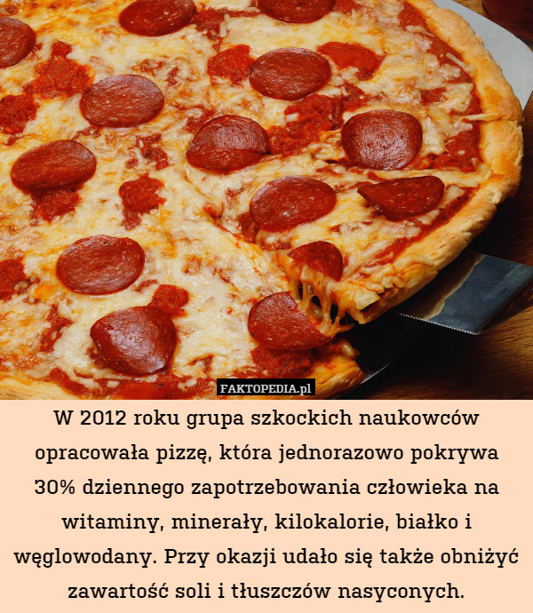 W 2012 roku grupa szkockich naukowców opracowała pizzę, która jednorazowo pokrywa 30% dziennego zapotrzebowania człowieka na witaminy, minerały, kilokalorie, białko i węglowodany. Przy okazji udało się także obniżyć zawartość soli i tłuszczów nasyconych. 