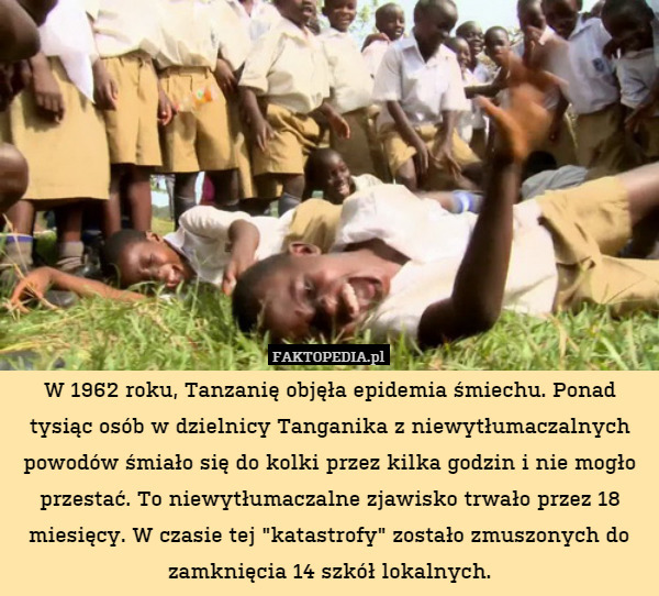 W 1962 roku, Tanzanię objęła epidemia śmiechu. Ponad tysiąc osób w dzielnicy Tanganika z niewytłumaczalnych powodów śmiało się do kolki przez kilka godzin i nie mogło przestać. To niewytłumaczalne zjawisko trwało przez 18 miesięcy. W czasie tej "katastrofy" zostało zmuszonych do zamknięcia 14 szkół lokalnych. 