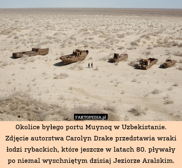 Okolice byłego portu Muynoq w Uzbekistanie. Zdjęcie autorstwa Carolyn Drake przedstawia wraki łodzi rybackich, które jeszcze w latach 80. pływały po niemal wyschniętym dzisiaj Jeziorze Aralskim. 