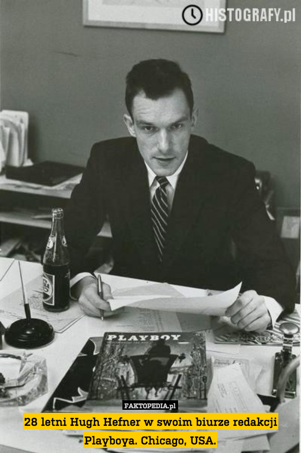 28 letni Hugh Hefner w swoim biurze redakcji Playboya. Chicago, USA. 