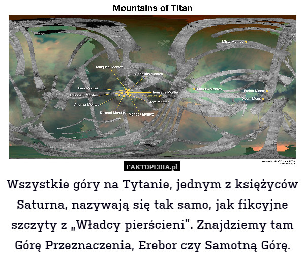 Wszystkie góry na Tytanie, jednym z księżyców Saturna, nazywają się tak samo, jak fikcyjne szczyty z „Władcy pierścieni”. Znajdziemy tam Górę Przeznaczenia, Erebor czy Samotną Górę. 