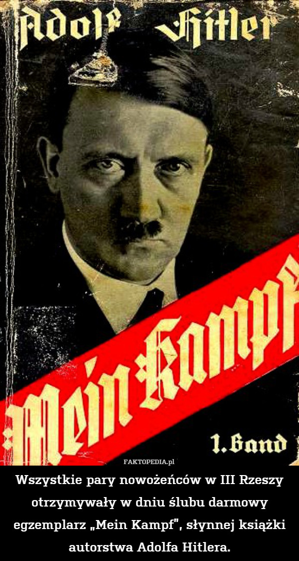 Wszystkie pary nowożeńców w III Rzeszy otrzymywały w dniu ślubu darmowy egzemplarz „Mein Kampf”, słynnej książki autorstwa Adolfa Hitlera. 