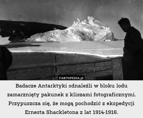 Badacze Antarktyki odnaleźli w bloku lodu zamarznięty pakunek z kliszami fotograficznymi. Przypuszcza się, że mogą pochodzić z ekspedycji Ernesta Shackletona z lat 1914-1916. 