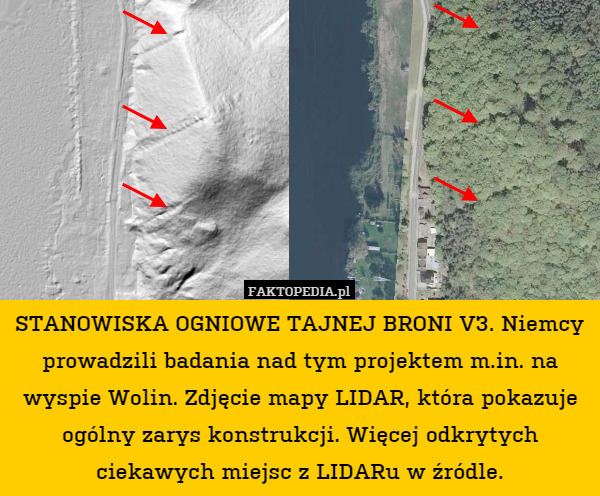 STANOWISKA OGNIOWE TAJNEJ BRONI V3. Niemcy prowadzili badania nad tym projektem m.in. na wyspie Wolin. Zdjęcie mapy LIDAR, która pokazuje ogólny zarys konstrukcji. Więcej odkrytych ciekawych miejsc z LIDARu w źródle. 
