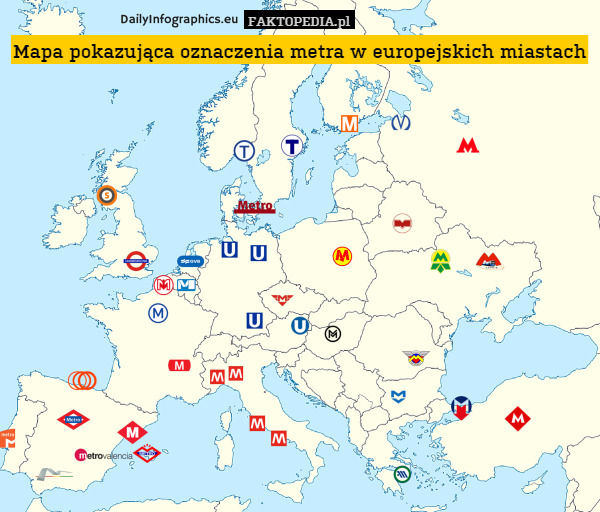 Mapa pokazująca oznaczenia metra w europejskich miastach 