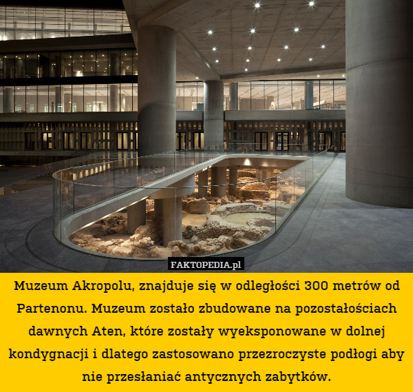 Muzeum Akropolu, znajduje się w odległości 300 metrów od Partenonu. Muzeum zostało zbudowane na pozostałościach dawnych Aten, które zostały wyeksponowane w dolnej kondygnacji i dlatego zastosowano przezroczyste podłogi aby nie przesłaniać antycznych zabytków. 