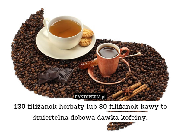 130 filiżanek herbaty lub 80 filiżanek kawy to śmiertelna dobowa dawka kofeiny. 