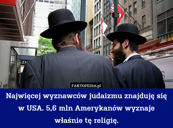 Najwięcej wyznawców judaizmu znajduję się w USA. 5,6 mln Amerykanów wyznaje właśnie tę religię. 