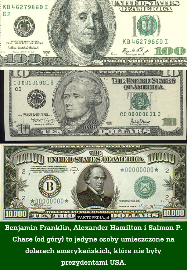 Benjamin Franklin, Alexander Hamilton i Salmon P. Chase (od góry) to jedyne osoby umieszczone na dolarach amerykańskich, które nie były prezydentami USA. 