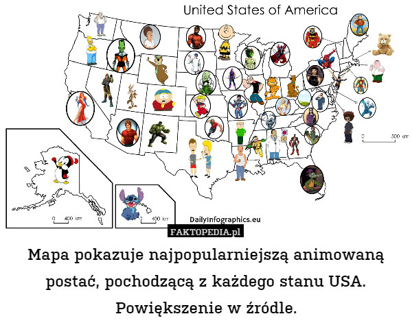 Mapa pokazuje najpopularniejszą animowaną postać, pochodzącą z każdego stanu USA. Powiększenie w źródle. 