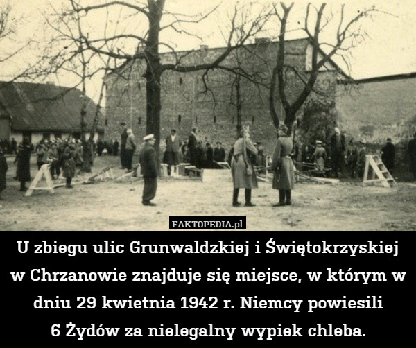 U zbiegu ulic Grunwaldzkiej i Świętokrzyskiej w Chrzanowie znajduje się miejsce, w którym w dniu 29 kwietnia 1942 r. Niemcy powiesili
6 Żydów za nielegalny wypiek chleba. 