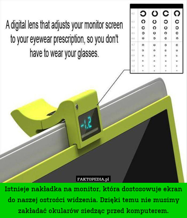 Istnieje nakładka na monitor, która dostosowuje ekran do naszej ostrości widzenia. Dzięki temu nie musimy zakładać okularów siedząc przed komputerem. 