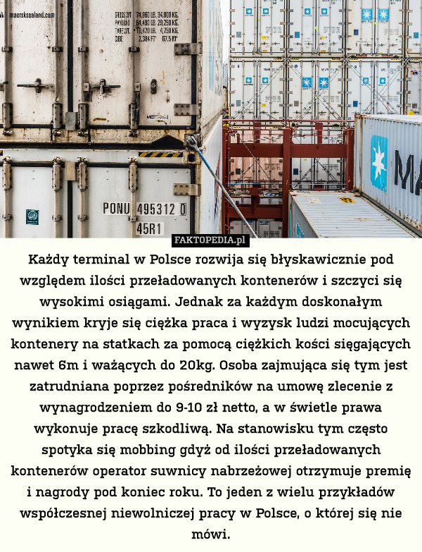 Każdy terminal w Polsce rozwija się błyskawicznie pod względem ilości przeładowanych kontenerów i szczyci się wysokimi osiągami. Jednak za każdym doskonałym wynikiem kryje się ciężka praca i wyzysk ludzi mocujących kontenery na statkach za pomocą ciężkich kości sięgających nawet 6m i ważących do 20kg. Osoba zajmująca się tym jest zatrudniana poprzez pośredników na umowę zlecenie z wynagrodzeniem do 9-10 zł netto, a w świetle prawa wykonuje pracę szkodliwą. Na stanowisku tym często spotyka się mobbing gdyż od ilości przeładowanych kontenerów operator suwnicy nabrzeżowej otrzymuje premię i nagrody pod koniec roku. To jeden z wielu przykładów współczesnej niewolniczej pracy w Polsce, o której się nie mówi. 