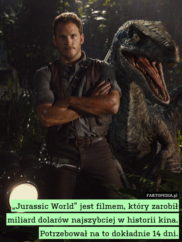 „Jurassic World” jest filmem, który zarobił miliard dolarów najszybciej w historii kina. Potrzebował na to dokładnie 14 dni. 