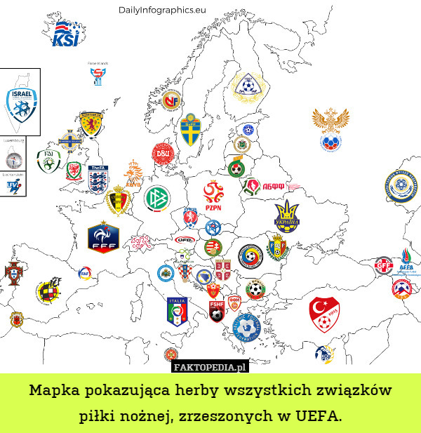 Mapka pokazująca herby wszystkich związków piłki nożnej, zrzeszonych w UEFA. 
