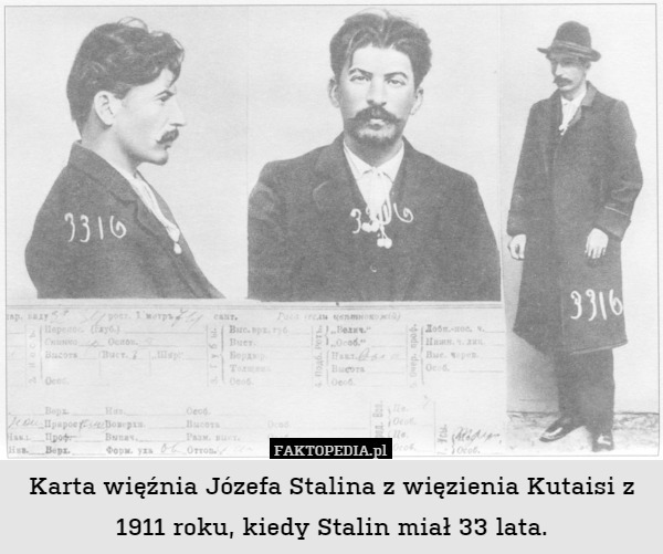 Karta więźnia Józefa Stalina z więzienia Kutaisi z 1911 roku, kiedy Stalin miał 33 lata. 