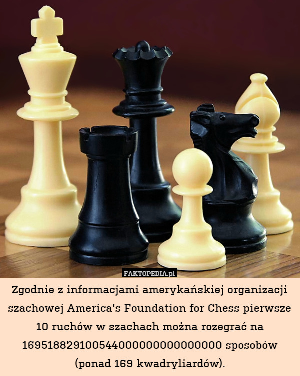 Zgodnie z informacjami amerykańskiej organizacji szachowej America's Foundation for Chess pierwsze 10 ruchów w szachach można rozegrać na 169518829100544000000000000000 sposobów (ponad 169 kwadryliardów). 