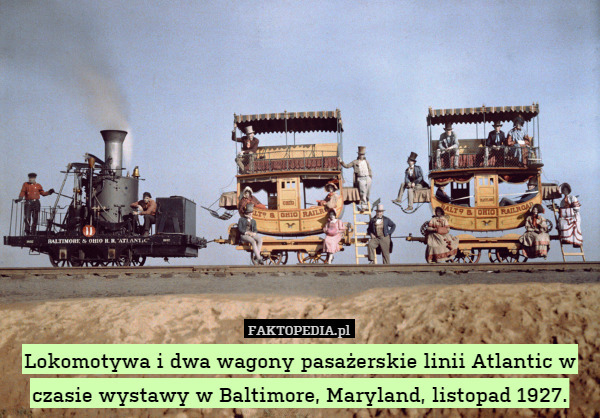 Lokomotywa i dwa wagony pasażerskie linii Atlantic w czasie wystawy w Baltimore, Maryland, listopad 1927. 