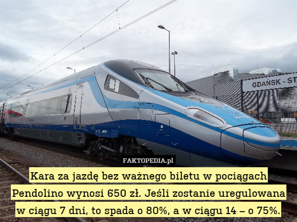 Kara za jazdę bez ważnego biletu w pociągach Pendolino wynosi 650 zł. Jeśli zostanie uregulowana w ciągu 7 dni, to spada o 80%, a w ciągu 14 – o 75%. 