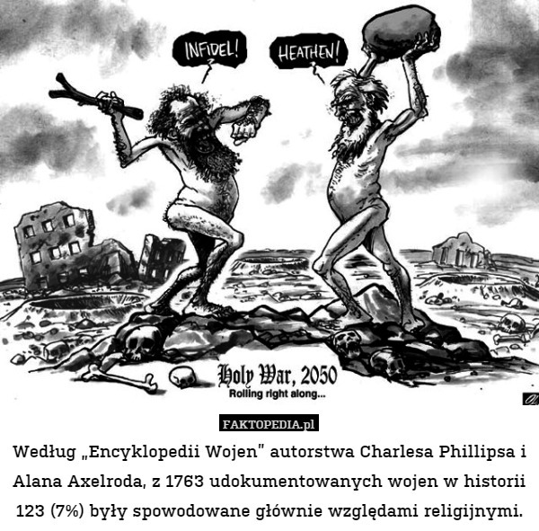 Według „Encyklopedii Wojen” autorstwa Charlesa Phillipsa i Alana Axelroda, z 1763 udokumentowanych wojen w historii 123 (7%) były spowodowane głównie względami religijnymi. 