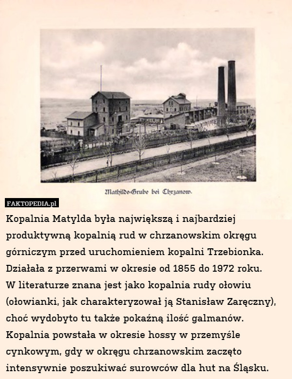 Kopalnia Matylda była największą i najbardziej produktywną kopalnią rud w chrzanowskim okręgu górniczym przed uruchomieniem kopalni Trzebionka. Działała z przerwami w okresie od 1855 do 1972 roku.
W literaturze znana jest jako kopalnia rudy ołowiu (ołowianki, jak charakteryzował ją Stanisław Zaręczny), choć wydobyto tu także pokaźną ilość galmanów.
Kopalnia powstała w okresie hossy w przemyśle cynkowym, gdy w okręgu chrzanowskim zaczęto intensywnie poszukiwać surowców dla hut na Śląsku. 