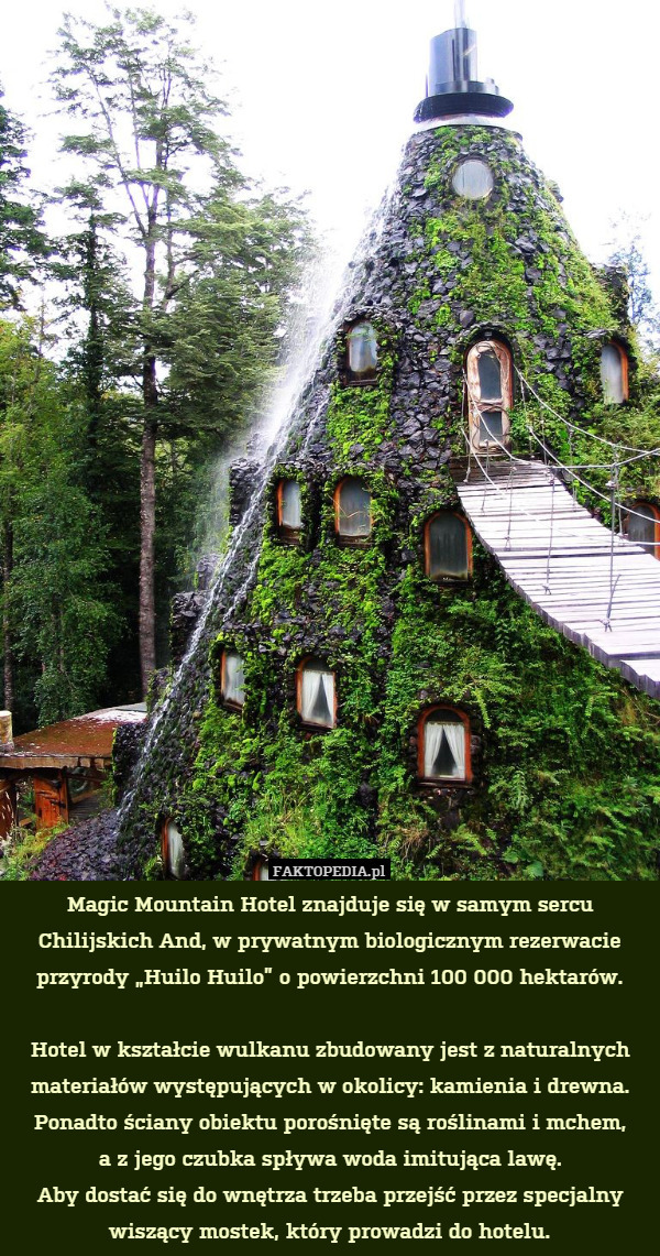 Magic Mountain Hotel znajduje się w samym sercu Chilijskich And, w prywatnym biologicznym rezerwacie przyrody „Huilo Huilo” o powierzchni 100 000 hektarów.

Hotel w kształcie wulkanu zbudowany jest z naturalnych materiałów występujących w okolicy: kamienia i drewna. Ponadto ściany obiektu porośnięte są roślinami i mchem,
a z jego czubka spływa woda imitująca lawę.
Aby dostać się do wnętrza trzeba przejść przez specjalny wiszący mostek, który prowadzi do hotelu. 