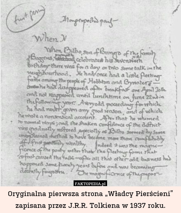 Oryginalna pierwsza strona „Władcy Pierścieni” zapisana przez J.R.R. Tolkiena w 1937 roku. 