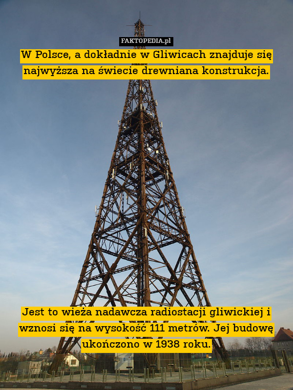 W Polsce, a dokładnie w Gliwicach znajduje się
najwyższa na świecie drewniana konstrukcja.














Jest to wieża nadawcza radiostacji gliwickiej i wznosi się na wysokość 111 metrów. Jej budowę ukończono w 1938 roku. 