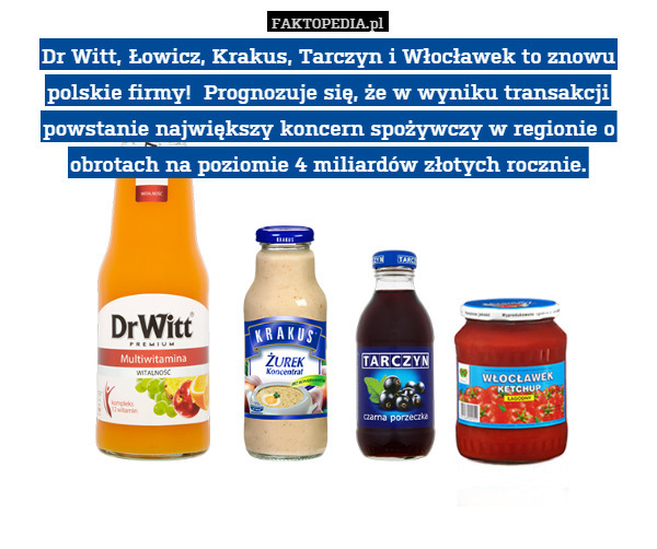 Dr Witt, Łowicz, Krakus, Tarczyn i Włocławek to znowu polskie firmy!  Prognozuje się, że w wyniku transakcji powstanie największy koncern spożywczy w regionie o obrotach na poziomie 4 miliardów złotych rocznie. 