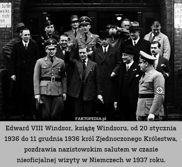 Edward VIII Windsor, książę Windsoru, od 20 stycznia 1936 do 11 grudnia 1936 król Zjednoczonego Królestwa, pozdrawia nazistowskim salutem w czasie nieoficjalnej wizyty w Niemczech w 1937 roku. 