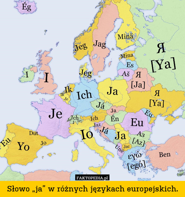 Słowo „ja” w różnych językach europejskich. 