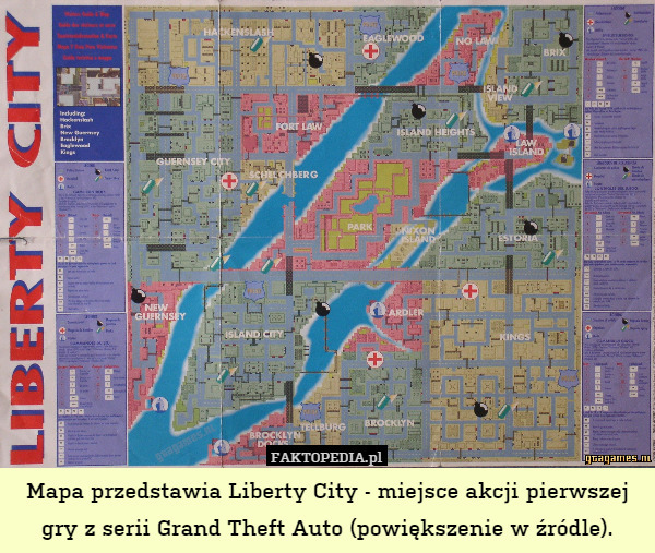 Mapa przedstawia Liberty City - miejsce akcji pierwszej gry z serii Grand Theft Auto (powiększenie w źródle). 