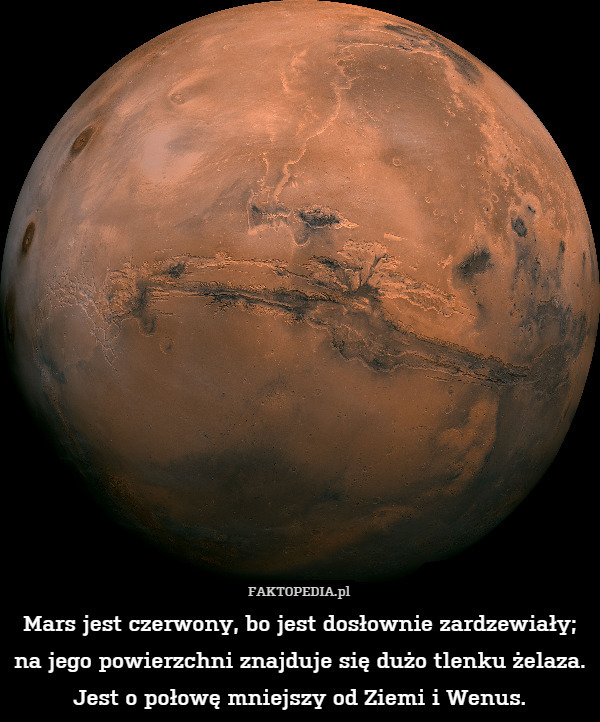 Mars jest czerwony, bo jest dosłownie zardzewiały; na jego powierzchni znajduje się dużo tlenku żelaza. Jest o połowę mniejszy od Ziemi i Wenus. 