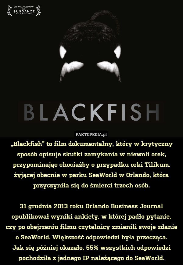 „Blackfish” to film dokumentalny, który w krytyczny sposób opisuje skutki zamykania w niewoli orek, przypominając chociażby o przypadku orki Tilikum, żyjącej obecnie w parku SeaWorld w Orlando, która przyczyniła się do śmierci trzech osób.

31 grudnia 2013 roku Orlando Business Journal opublikował wyniki ankiety, w której padło pytanie,
czy po obejrzeniu filmu czytelnicy zmienili swoje zdanie o SeaWorld. Większość odpowiedzi była przecząca.
Jak się później okazało, 55% wszystkich odpowiedzi pochodziła z jednego IP należącego do SeaWorld. 