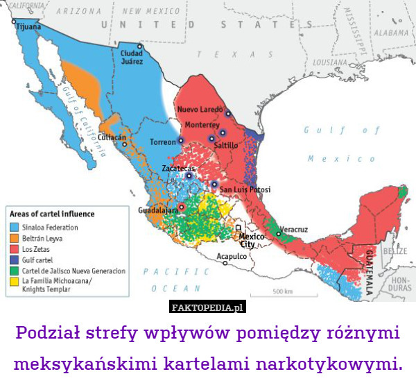 Podział strefy wpływów pomiędzy różnymi meksykańskimi kartelami narkotykowymi. 