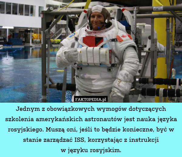 Jednym z obowiązkowych wymogów dotyczących szkolenia amerykańskich astronautów jest nauka języka
rosyjskiego. Muszą oni, jeśli to będzie konieczne, być w stanie zarządzać ISS, korzystając z instrukcji
w języku rosyjskim. 
