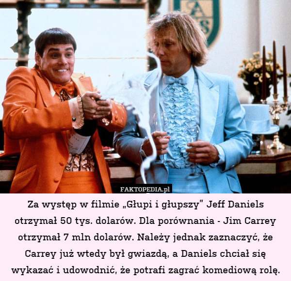 Za występ w filmie „Głupi i głupszy” Jeff Daniels otrzymał 50 tys. dolarów. Dla porównania - Jim Carrey otrzymał 7 mln dolarów. Należy jednak zaznaczyć, że Carrey już wtedy był gwiazdą, a Daniels chciał się wykazać i udowodnić, że potrafi zagrać komediową rolę. 
