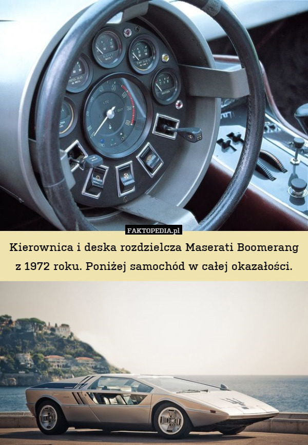 Kierownica i deska rozdzielcza Maserati Boomerang z 1972 roku. Poniżej samochód w całej okazałości. 