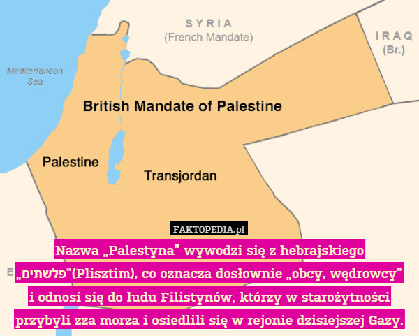 Nazwa „Palestyna” wywodzi się z hebrajskiego „פלשתים”(Plisztim), co oznacza dosłownie „obcy, wędrowcy”
i odnosi się do ludu Filistynów, którzy w starożytności przybyli zza morza i osiedlili się w rejonie dzisiejszej Gazy. 