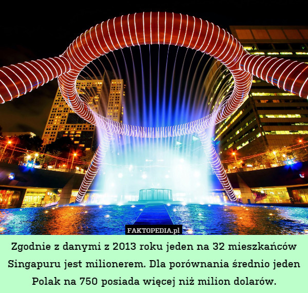 Zgodnie z danymi z 2013 roku jeden na 32 mieszkańców Singapuru jest milionerem. Dla porównania średnio jeden Polak na 750 posiada więcej niż milion dolarów. 