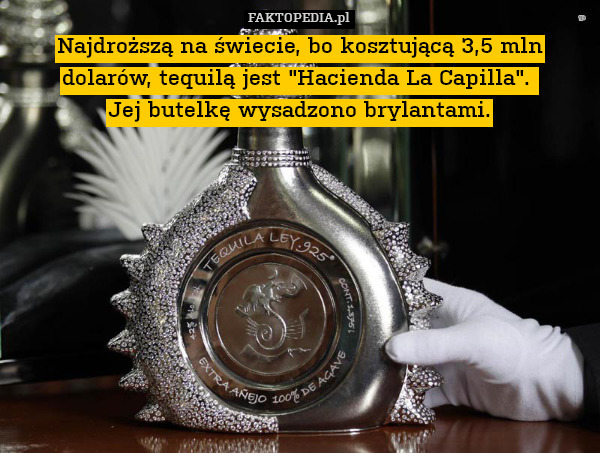 Najdroższą na świecie, bo kosztującą 3,5 mln dolarów, tequilą jest "Hacienda La Capilla". 
Jej butelkę wysadzono brylantami. 