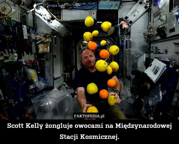 Scott Kelly żongluje owocami na Międzynarodowej Stacji Kosmicznej. 