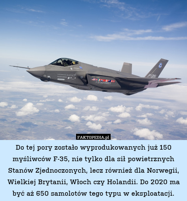 Do tej pory zostało wyprodukowanych już 150 myśliwców F-35, nie tylko dla sił powietrznych Stanów Zjednoczonych, lecz również dla Norwegii, Wielkiej Brytanii, Włoch czy Holandii. Do 2020 ma być aż 650 samolotów tego typu w eksploatacji. 