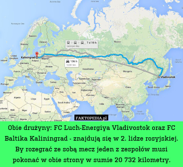Obie drużyny: FC Luch-Energiya Vladivostok oraz FC Baltika Kaliningrad - znajdują się w 2. lidze rosyjskiej.
By rozegrać ze sobą mecz jeden z zespołów musi pokonać w obie strony w sumie 20 732 kilometry. 